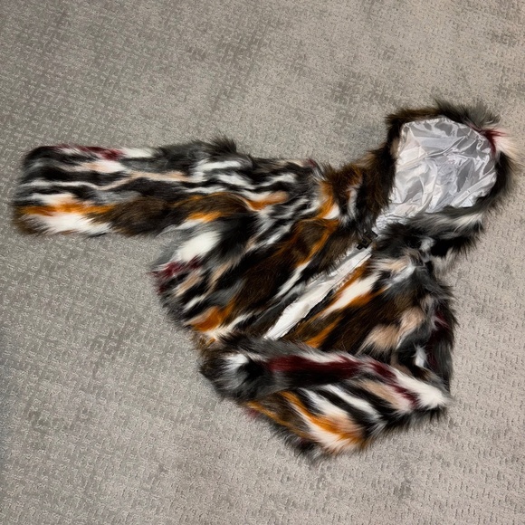 Calico Vegan Fur Jacket | Zip Up with Hood - Picture 1 of 6